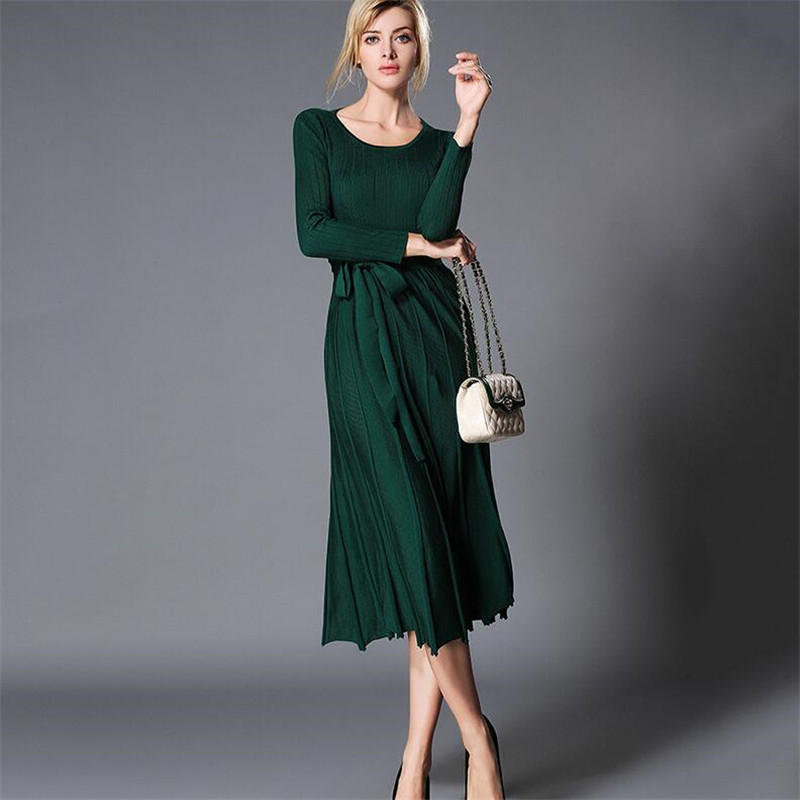 Women Autumn Spring Vintage Backless Bow Dress Long Sleeves Sliming Dress Women Pleated Tunic Vestidos Knitted Dresses