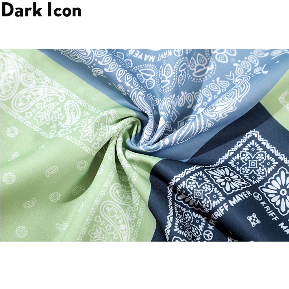 Dark Icon Green Blue Bandana Patchwork Hawaiian Shirt Men Turn-down Collar Men's Shirts