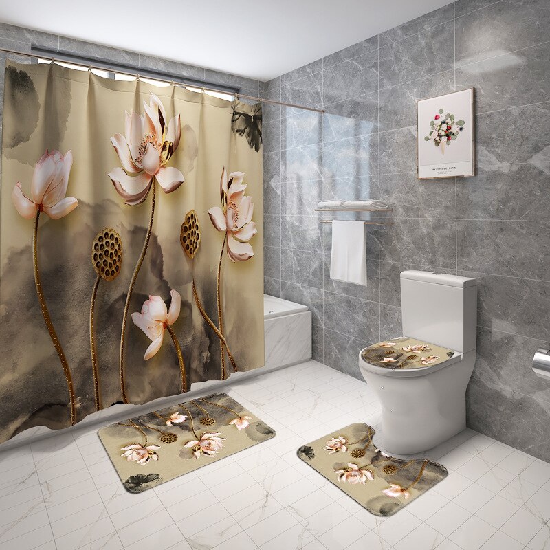 Tapete do banheiro tapete de banho floral com cortina de chuveiro conjunto flanela toalete capa de assento tapete de banho de absorção de água tapetes do banheiro: 4pcs-699