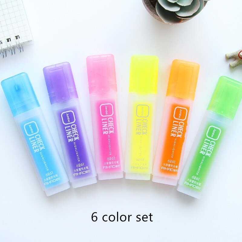 Jumbo Check Liner Highlighter Pen Fluorescent Colors Marker Drawing Pens Stationery Office Paper Fax School Paint Supplies A6646: 6 color set