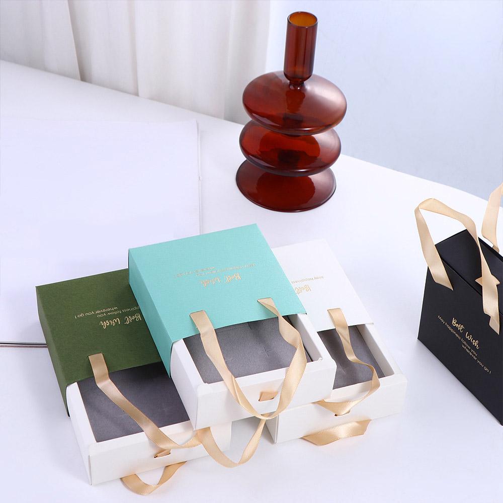 Best Wishes Jewelry Box Paper with Handle for Wedding or Travel Portable Ring Earrings Necklace Packageing Organizer Case