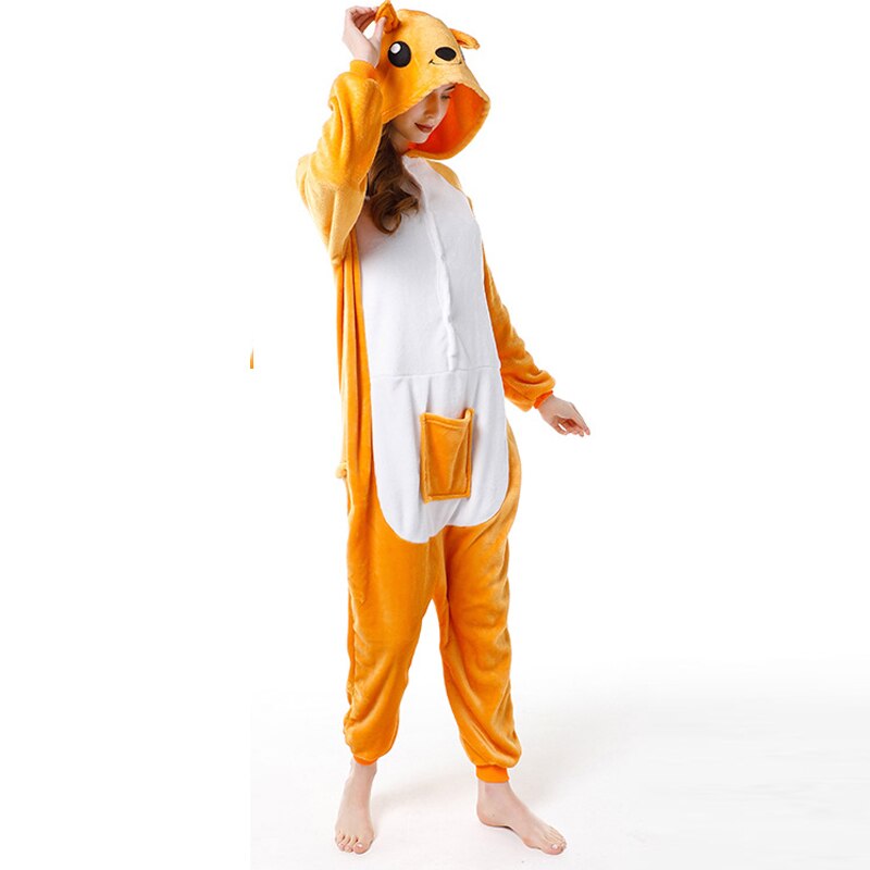 Los adultos canguro pijamas de invierno de las mujeres de ropa de dormir Unisex animales bonitos de dibujos animados Conjunto de pijama de niños con capucha Pijamas ropa de dormir