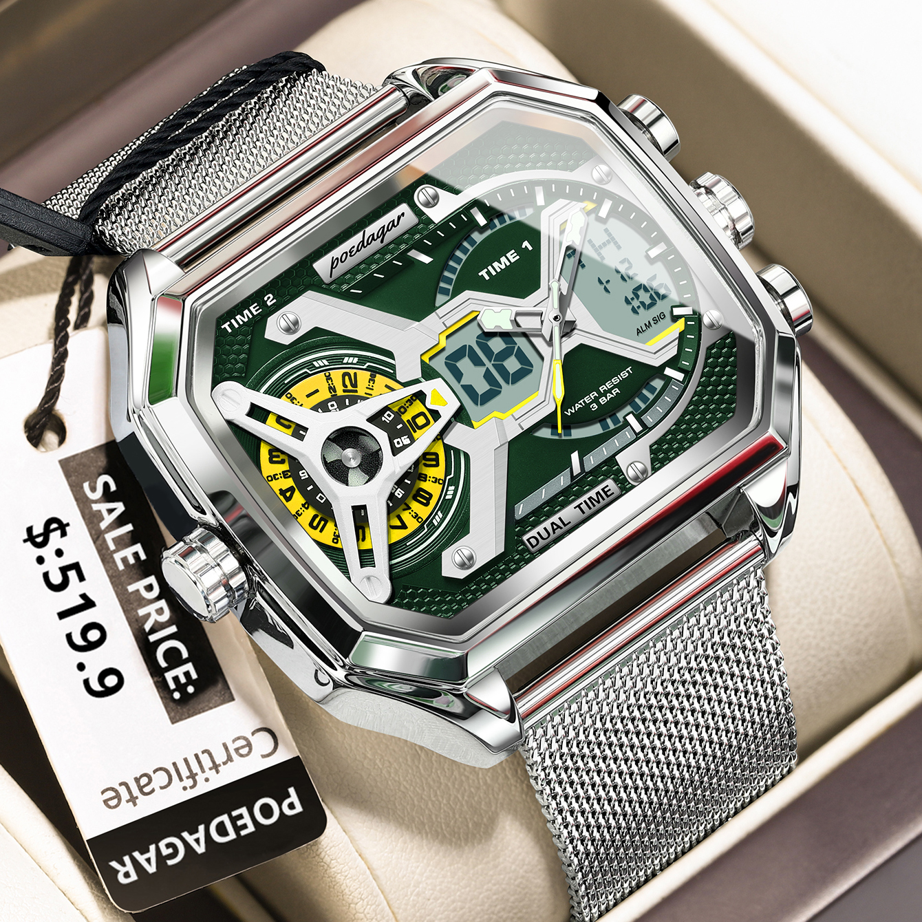 POEDAGAR, reloj de para hombre, reloj rectangular resistente al agua con fecha y semana LED para hombre, relojes electrónicos de cuarzo de acero inoxidable con malla para hombre: Rosa