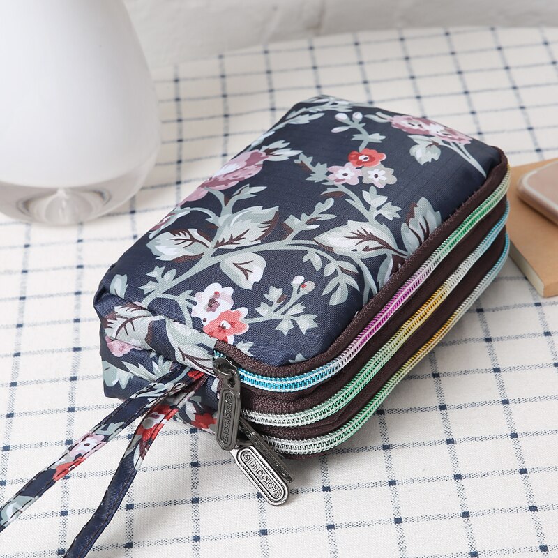 Women's handbag canvas three-layer long wallet large capacity key coin purse leisure mobile phone bag: Deep blue peony