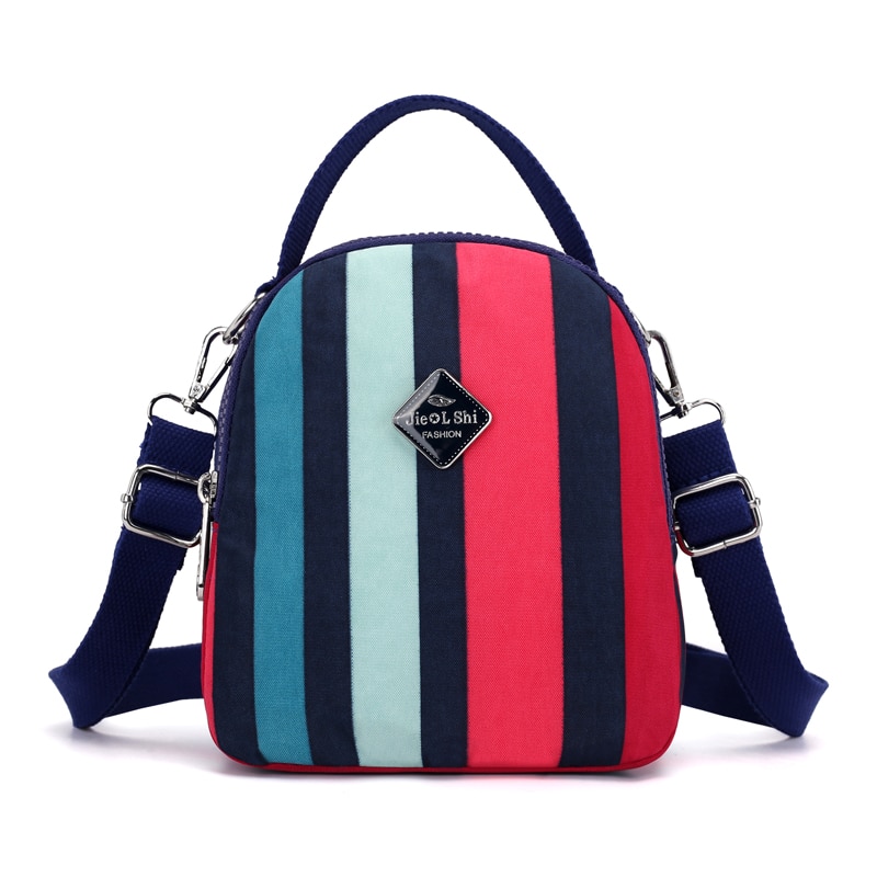 Jielshi kvinner mini-ryggsekk klassisk stripemønster nylon kvinnelig skulder- og crossbody-vesker multifunksjonsveske for unge jenter