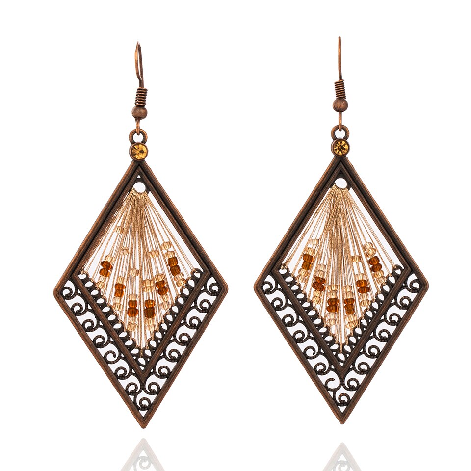 Retro India Boho Ethnic Geometric Thread Dangle Earrings with Beads for Women Female Wedding Party Jewelry Accessories