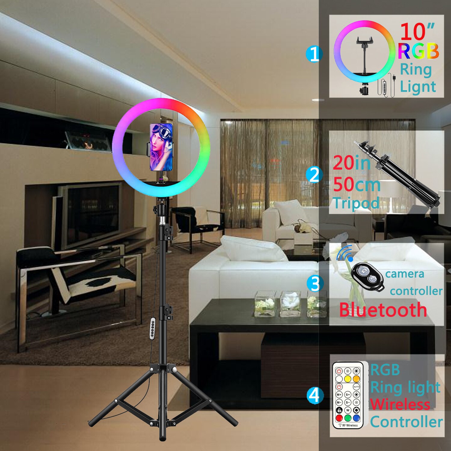 10in Led Kleur Selfie Ring Licht Rgb Fotografie Ringlicht Cirkel Vullen Licht Statief Lamp Telefoon Standhouder Trepied Make-Up: 50cm Desktop Tripod