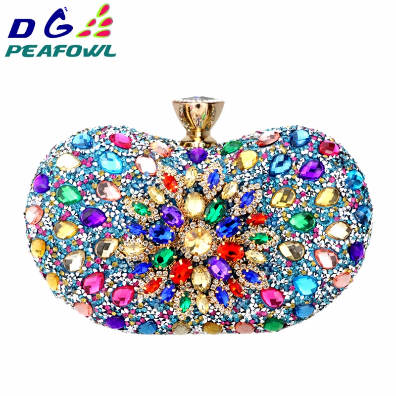 DG PEAFOWL 5colors Two Side Luxury Crystal Floral Clutch Chain Bag Evening Woman Diamond Wedding Shoulder Wallet Purse Handbags