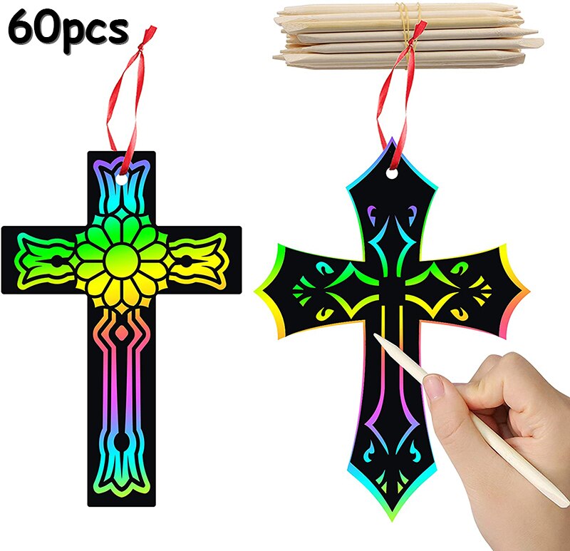 60Pcs Diy Art Craft Kits Scratch Cross Ornamenten Magic Kleurrijke Voor Kids Party Gunsten Scratch Papier Opknoping Tags Verjaardag
