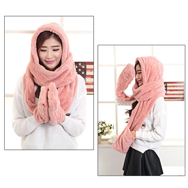 3 in 1 Women Warm Hood Scarf Snood Pocket Gloves Hat Comfortable Warm for Winter Outdoor Sets-B5: Dark pink