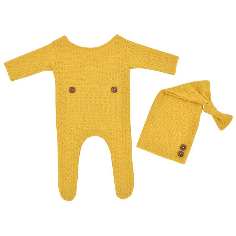 0-3Month Newborn Footed Romper and Hat Set Infant Baby Boy Girl Photography Props Lovely Babe Photo Accessories: Yellow