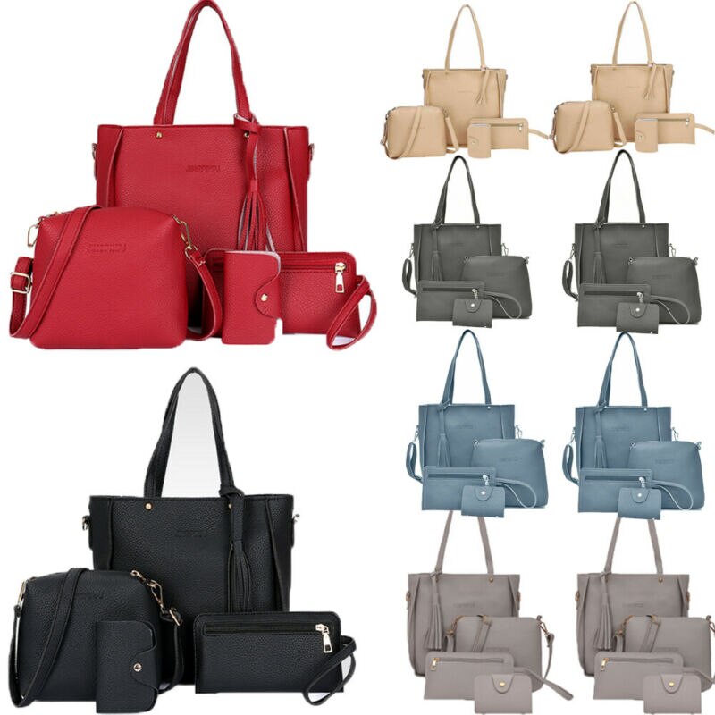 4Pcs Set Women Lychee Pattern Mother-child Four-piece Handbag Messenger Bag Wild Mini Bucket Tassel Single Shoulder