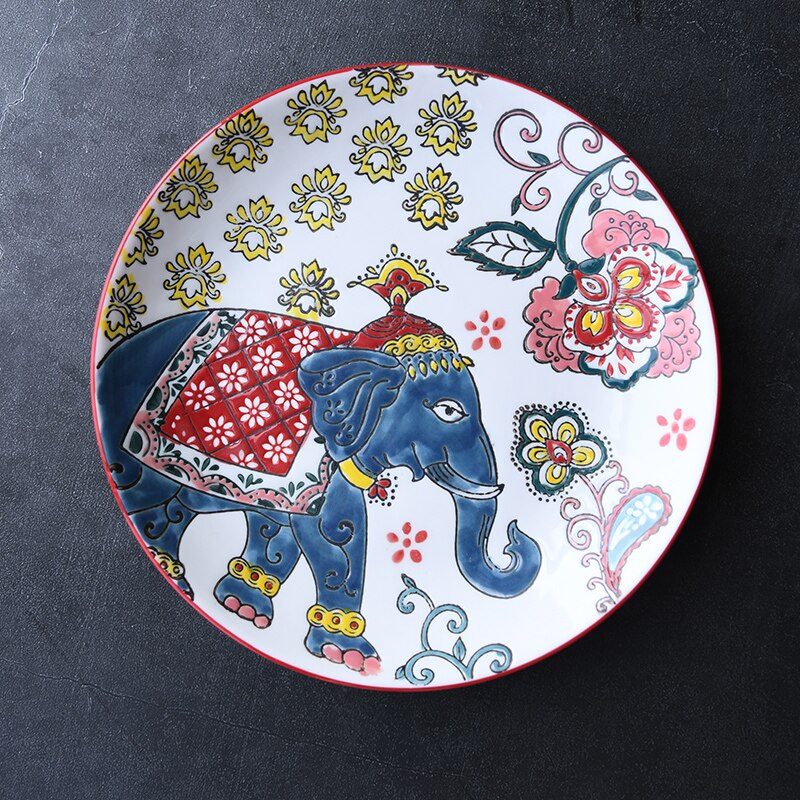 Hand-Painted Underglaze Ceramic Plate 8.5 Inches Dinner Plates Tableware: F Elephant