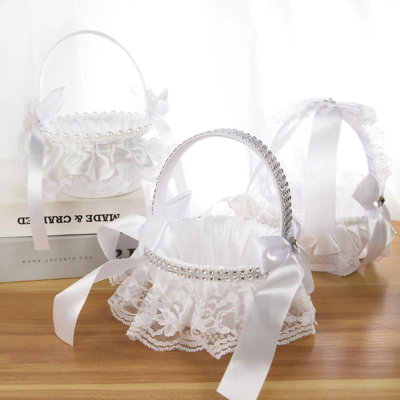 1pc White Wedding Flower Basket Lace Pearl Rhinestone Flower Petal Confetti Girls Basket For Wedding Engagement Party Decoration