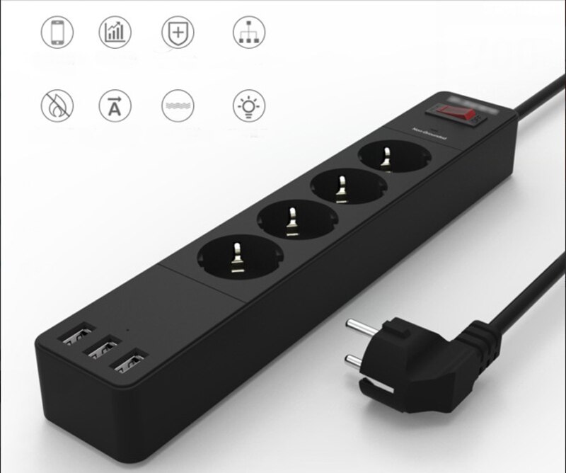 Eu Power Strip Met 4 Outlets 3USB Poorten 1.8M Verlengsnoer Overspanningsbeveiliging Eu Plug Outlets Elektrische Socket: Default Title