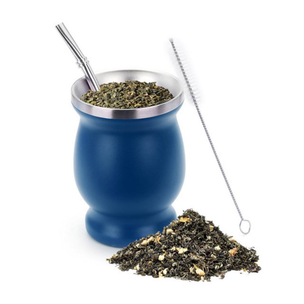 1 Set 230ML Bombilla Set Yerba Mate Gourd Stainless Steel Tea Cup with One Spoon and Brush Heat Insulation Anti Scalding: D