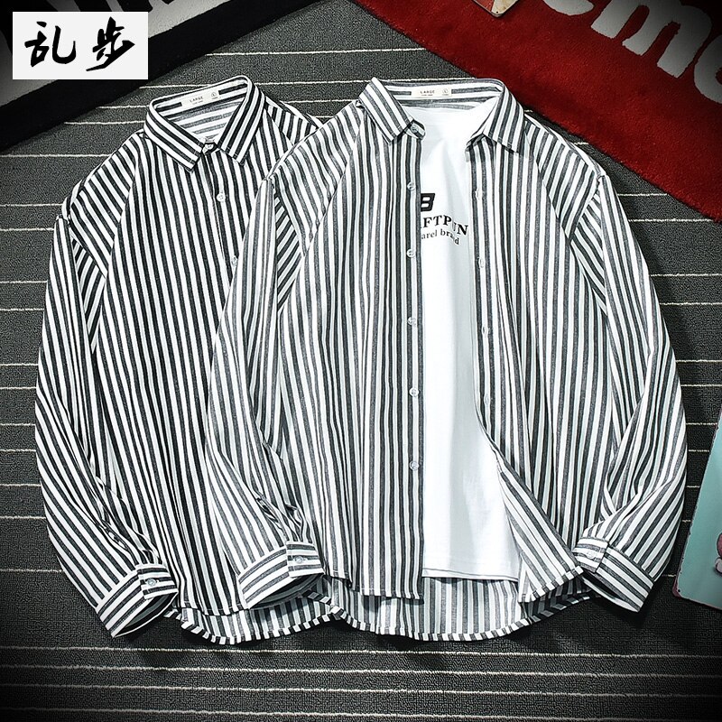 Zwart wit gestreepte overhemden verticaal patroon heren lange mouwen losse herenoverhemden herfst dun casual chemise herenkleding  eb50cs