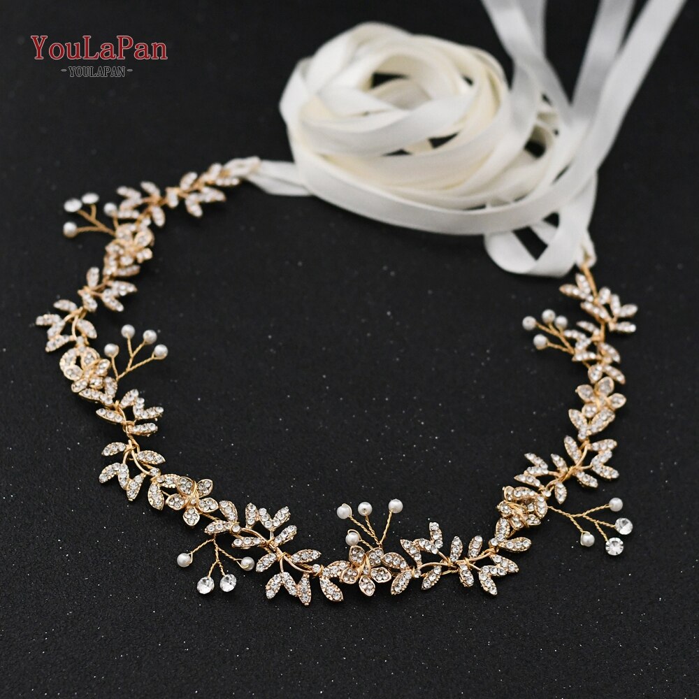 YouLaPan-Cinturón de boda SH89 dorado con diamantes de imitación, cinturón de boda, cinturones de novia con flores doradas con perlas