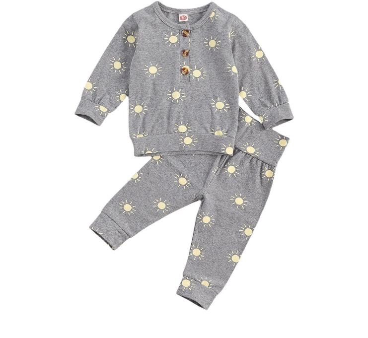 Toddler afslappet nattøj lange ærmer solprint lange bukser forår efterår baby pyjamas sæt afslappet tøj