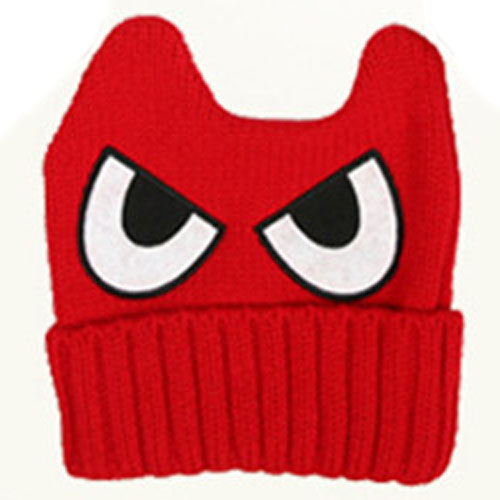 Baby Hats Knitted Autumn Winter Baby Caps For Boys Girls children knitted skullies wool cap eyes baby warm hat horn: Red