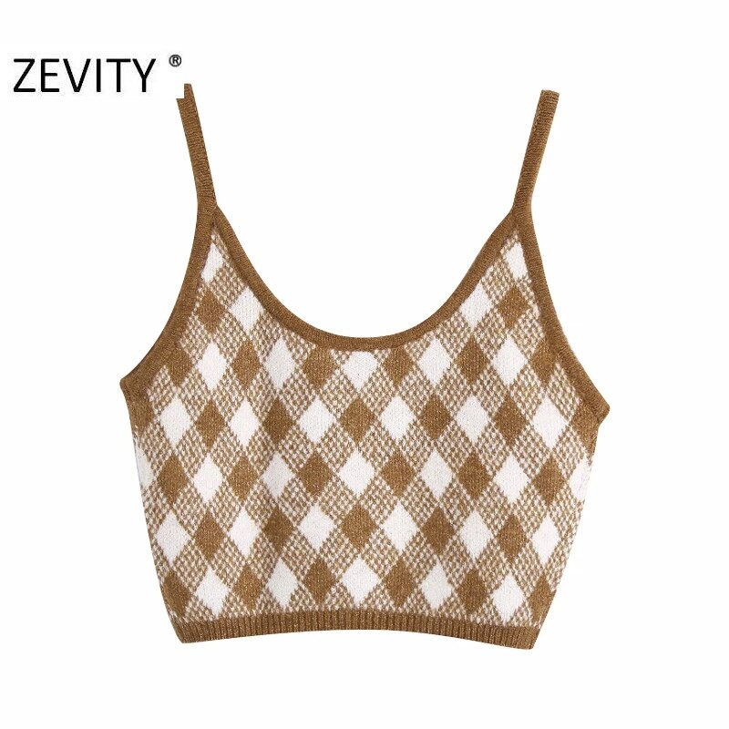 Zevity Vrouwen Vintage Geometrische Print Breien Sling Trui Vrouwelijke Basic Spaghetti Bandje Korte Vest Chic Crop Tops S456