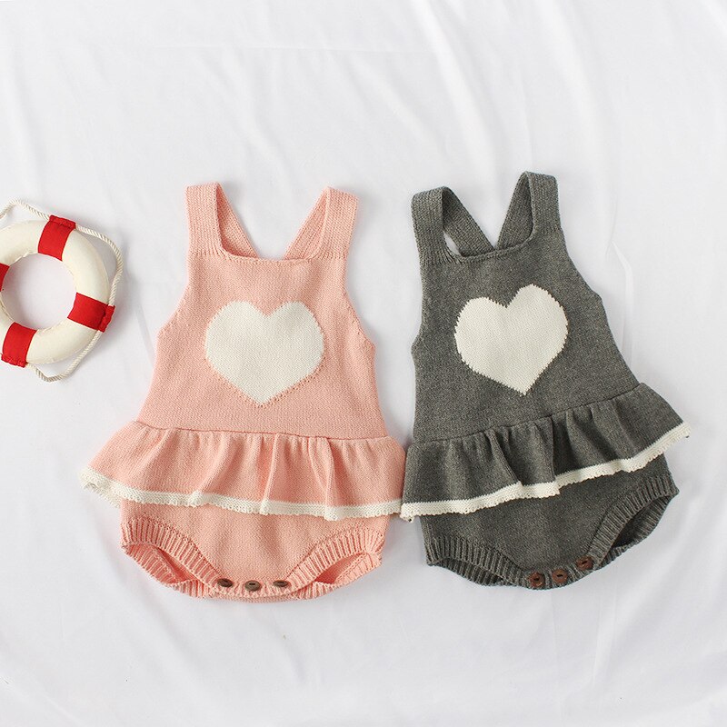 Focusnorm 0-24m herfst winter baby meisjes jongens gebreide romper mouwloos hartjesprint ruches jumpsuits 2 kleuren