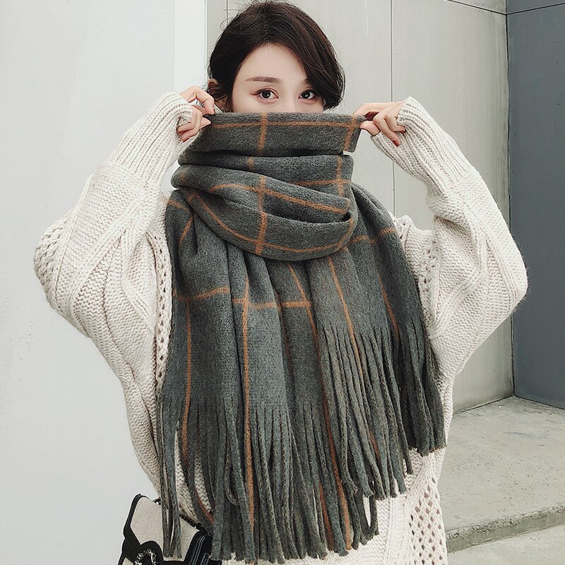 [EWQ] Winter Shawl Plaid Patchwork Thick Keep Warm Knitting Long Plaid Korea Scarf Woman Wool Spinning 19C-a17-02-0: green