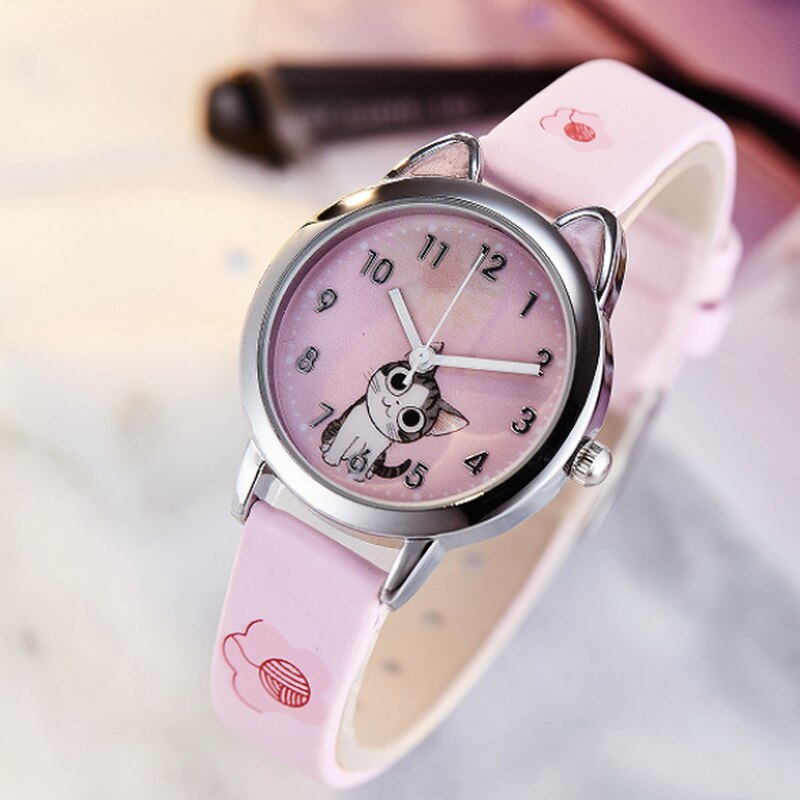 Cute Cheese Cat Pattern Women Watch with Bracelet Quartz Analog Ladies Watches Kids Girls Student Clock Relogio Feminino: Pink