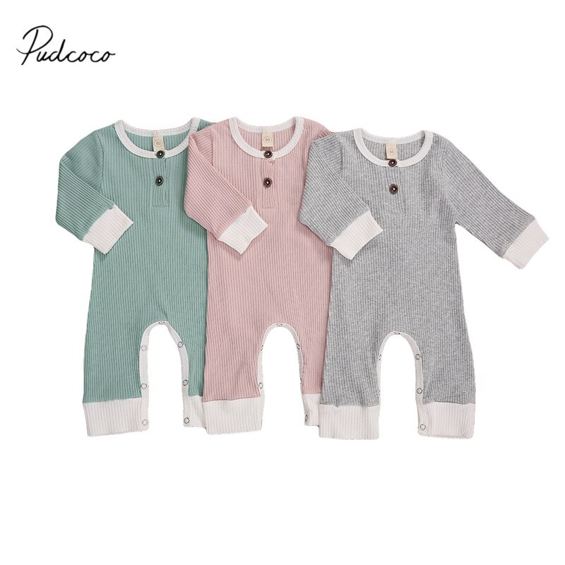 Baby Lente Herfst Outfit Geribbeld Solid Jumpsuits Ronde-Hals Met Lange Mouwen Rompertjes Voor Peuter Meisje, jongen, 0-18 Maanden