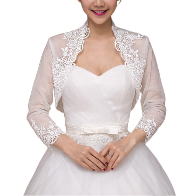 Frauen 3/4 Ärmel Hochzeit Jacke Kap Blumen- Spitze trimmen wickeln zucken Bolero Strickjacke