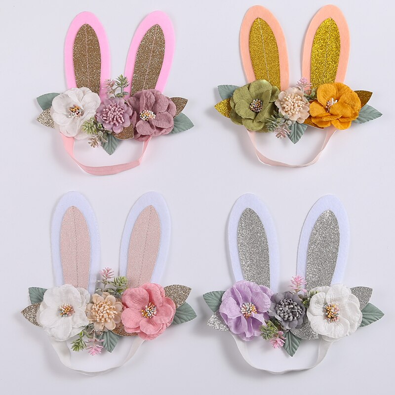 Diadema de orejas de conejo para niña y bebé, diademas de flores para niña, accesorios para el cabello de princesa, bandas elásticas hechas a mano para fotografía