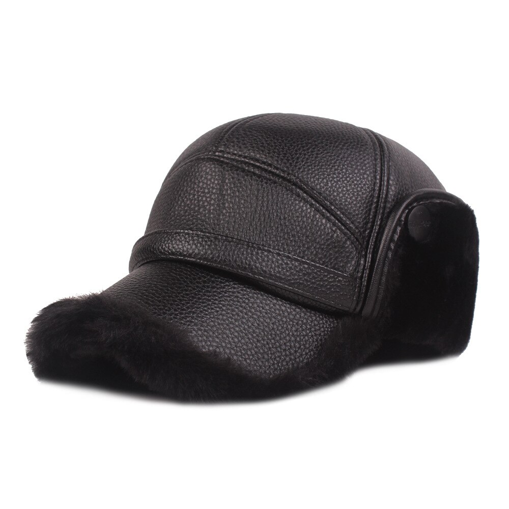 Winter Warm Mens Leather Cap Warm Baseball Cap with Ear Flaps Thick Fur Caps for Winter Bomber Hats PU Leather Man Hat: Black