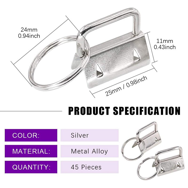 HTHL-45Pcs Silver 1 Inch Key Fob Hardware with Key Rings Sets, Perfect for Bag Wristlets with Fabric/Ribbon/Webbing