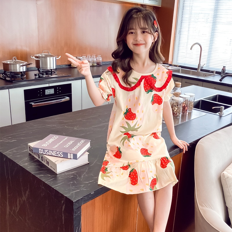 Camisón de algodón suave con lazo para niñas y niños, ropa de dormir para el hogar, albornoz de noche, Verano