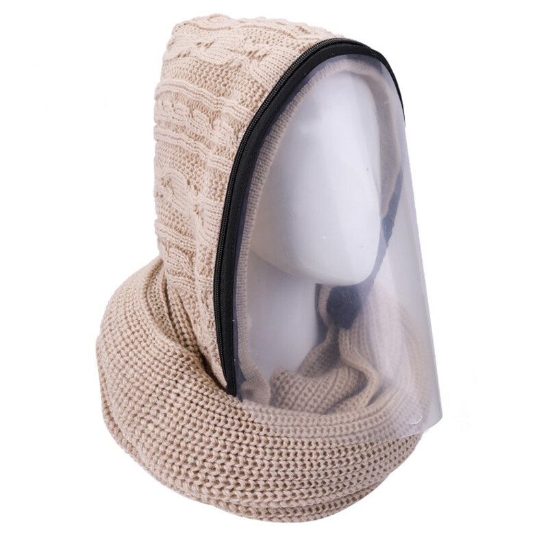 Winter Knit Hooded Scarf with Removable Clear Face Shield Protective Earflap Cap: Beige