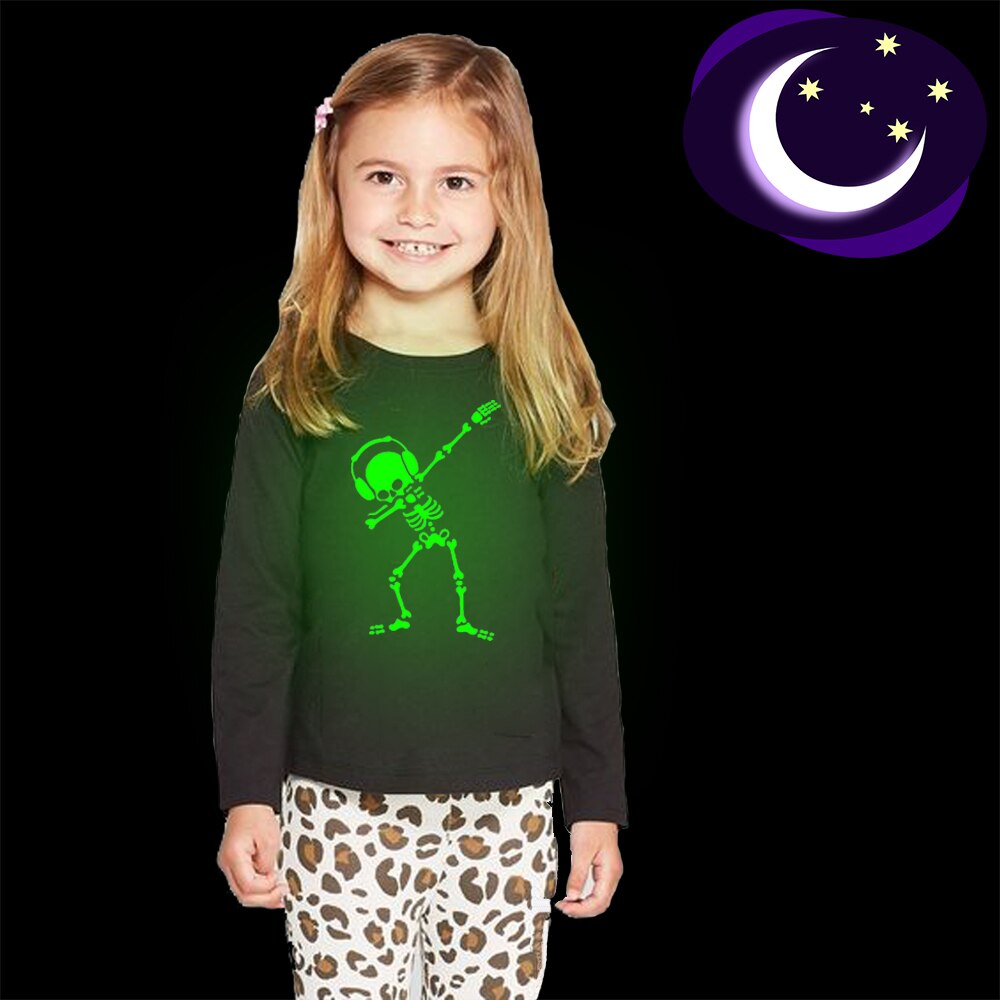 Deppen Skelet Dansen Schedel Lichtgevende Halloween Kids T-shirt Jongens Meisjes Peuter Lange Mouw Hip Hop Noctilucent T-shirt