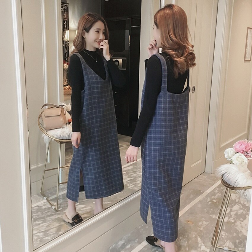 Maternity wear autumn and winter plaid dress stand collar sweater two-piece Korean pregnancy suit