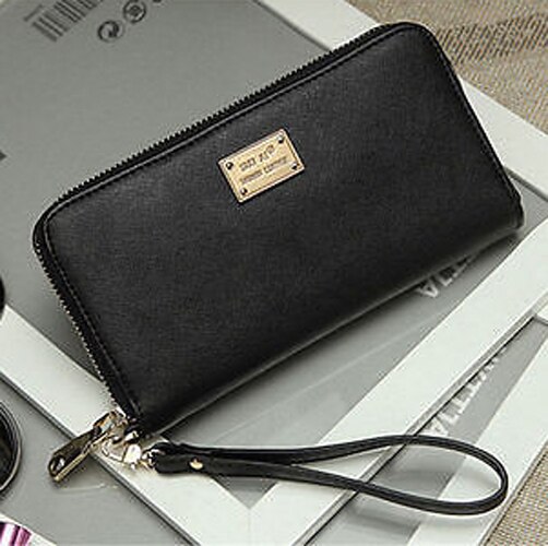 Women Ladies Zipper Faux Leather Long Purse Clutch Phone Bag Wallet Card Holder: Black