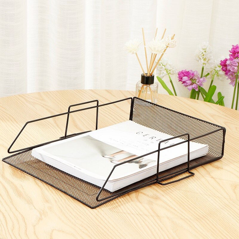 Stackable Iron Mesh A4 Paper Organizer Document File Storage Basket Holder Desktop Office Book Magazine Newspaper Storage Tray: Black