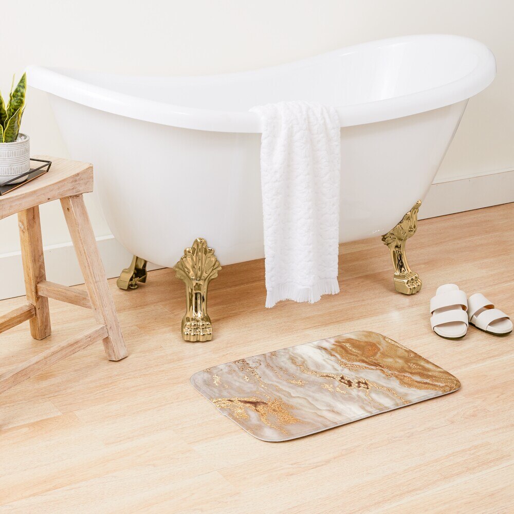 Glamorous Gold Glitter Vein Marble With Copper Sparkles Bath Mat Bathroom Bath Mat Set Mirrofiber Cartoon Bath Rug Set