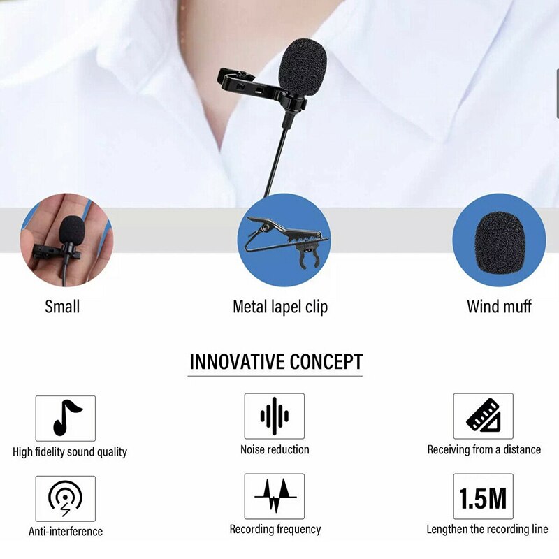 1.5M 3.5mm Wired Lavalier Microphone Adjustable Clip-on Microphone Hands-free Speaking Suitable for Mobile Phone PC Recording