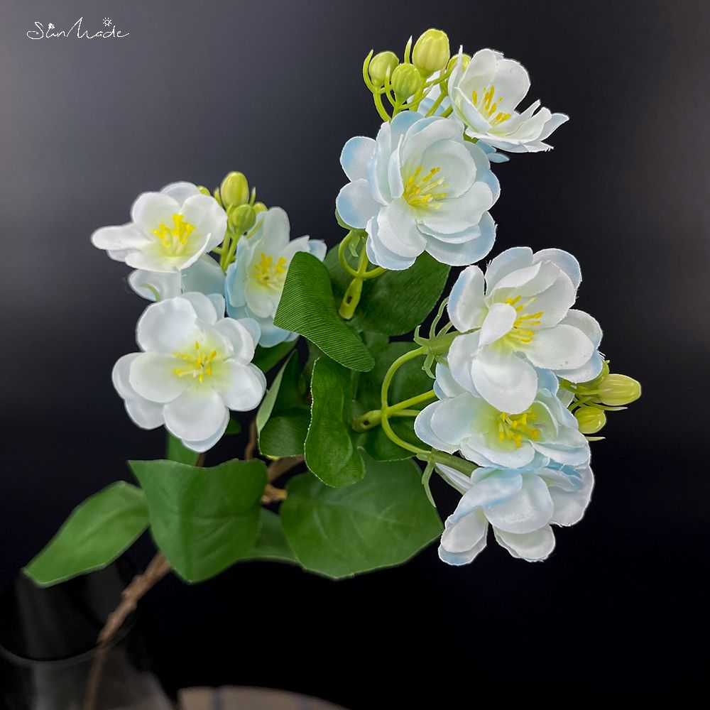 SunMade-rama de flor de Jazmín de lujo, 3 tenedores, Flores Artificiales, decoración para el hogar y la boda, decoración de otoño: Light Blue