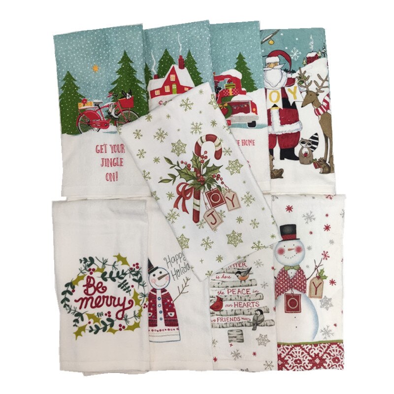 1Pc 41x65cm Christmas Snowman Santa Claus Tree Printed Cotton Kitchen Dishcloth Tea Towel Xmas Party