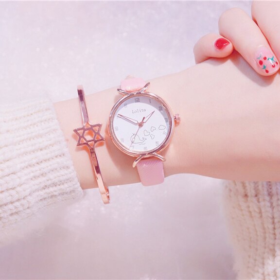Montre lumineuse pour enfants de marque ulzzang, montres pour filles, montres pour enfants, horloge à quartz en cuir, dessin animé mignon pour étudiants: Rose