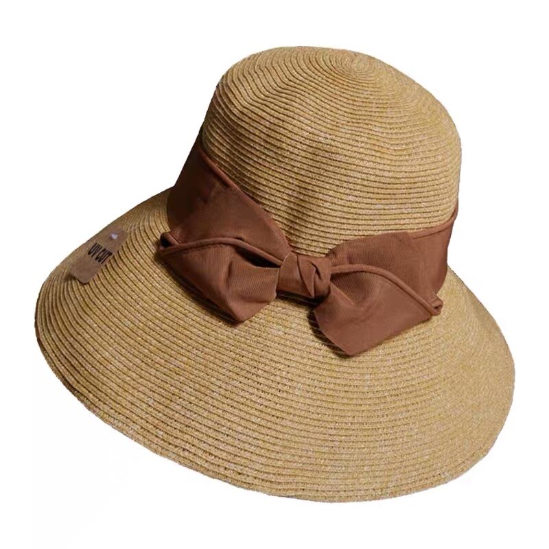 Zomer Strohoed Vrouwen Grote Wide Brim Strik Strand Zon Hoeden Opvouwbare Zonnebrandcrème Anti-Uv Panama Hoed Chapeu Feminino: Bruin