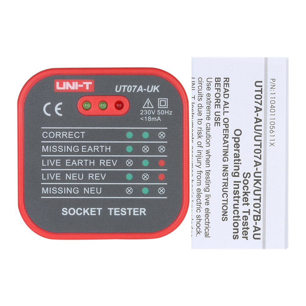 Uni-t  ut07a- uk socket tester fase strøm polaritetsdetektor jord nul neutral firewire socket elektroskop lækage: Default Title