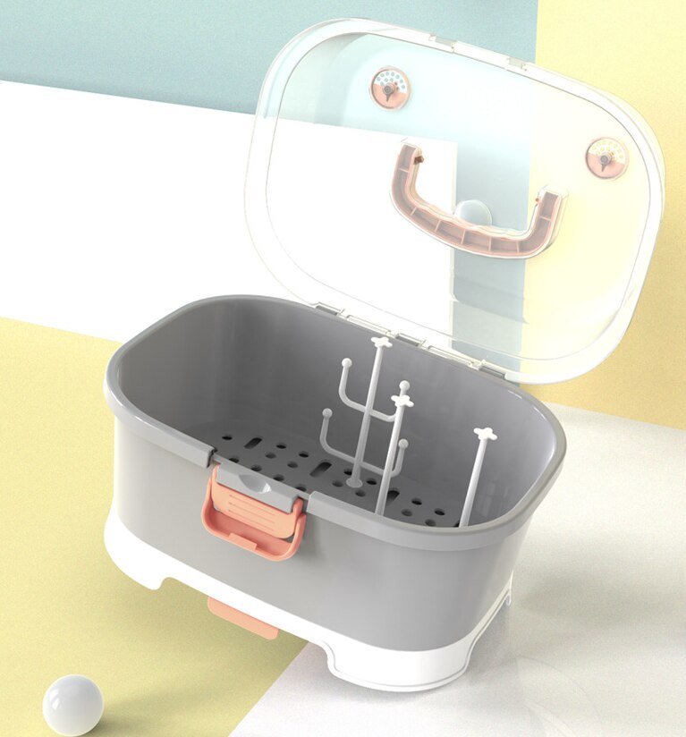 Food-Grade Plastic Milk Bottle Storage Box Bottle Drying Rack with Dustproof CoverBaby&#39;s Tableware Storage Boxes: Gray