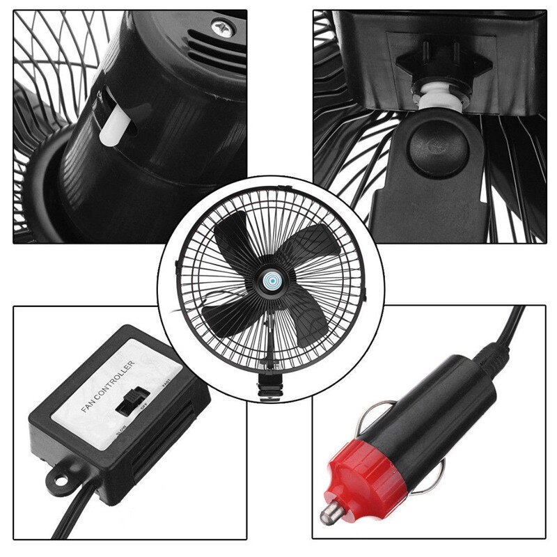 12V/24V Dashboard Oscillating Vehicle Car Van Truck Home Clip-On Fan 2 Speed Airflow Car Fans Clip on Oscillating Fan