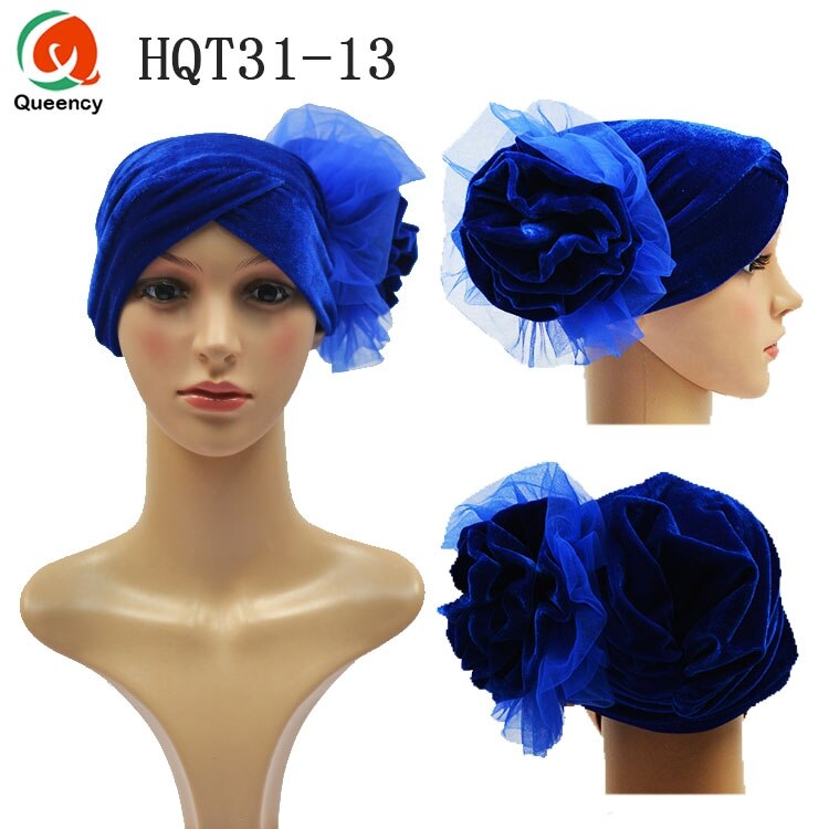 HQT31 Turban Nigeria cravate dames velours Tuban Gele casque musulman arabe Bonnet fleur chapeau pour mariage et fête: royal blue