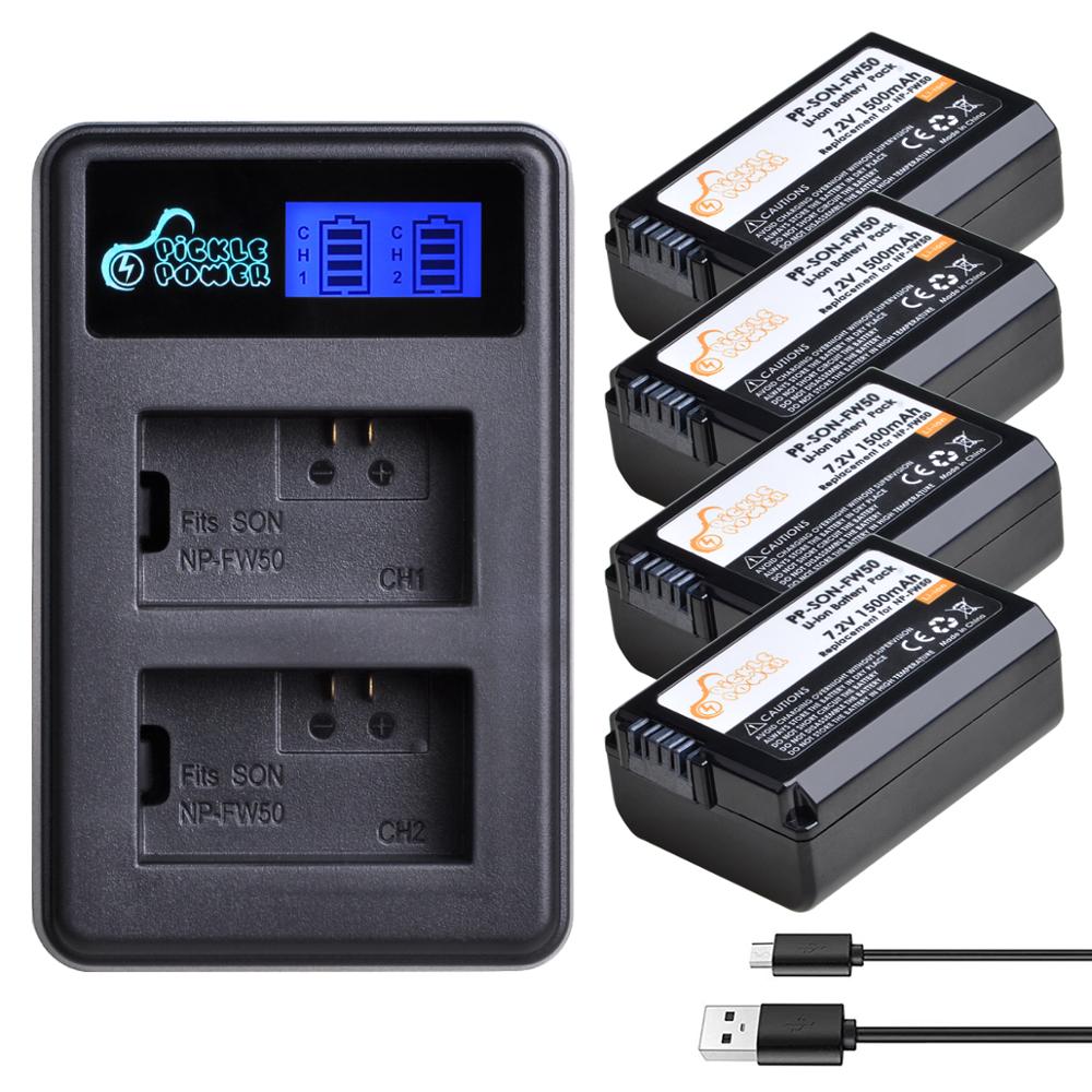 Batería NP-FW50 NP FW50 de 1500mAh y cargador Dual LCD para Sony Alpha a6500, a6300, a6000, a5000, a3000, NEX-3, a7R: 4 battery 1 charger